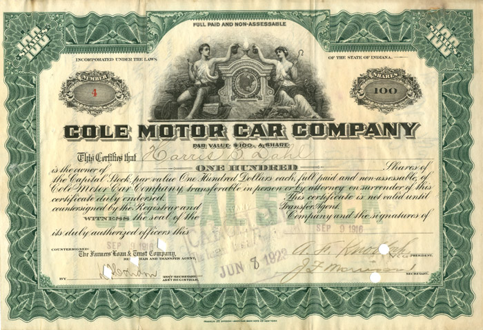 Cole Motor Car Co. - Automotive Stock Certificate